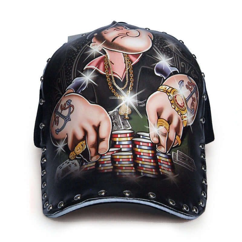 Stylish baseball cap with a unique cartoon design, featuring a character stacking poker chips, perfect for casual outfits.