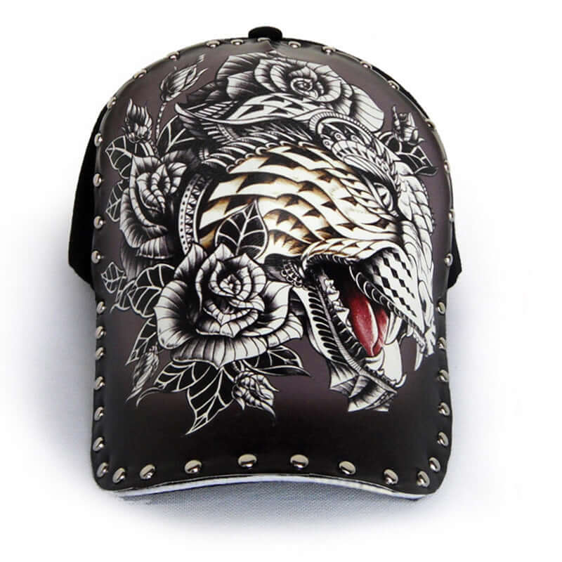 Stylish baseball cap with edgy graphic design, featuring intricate floral and dragon details; perfect for a trendy casual look.