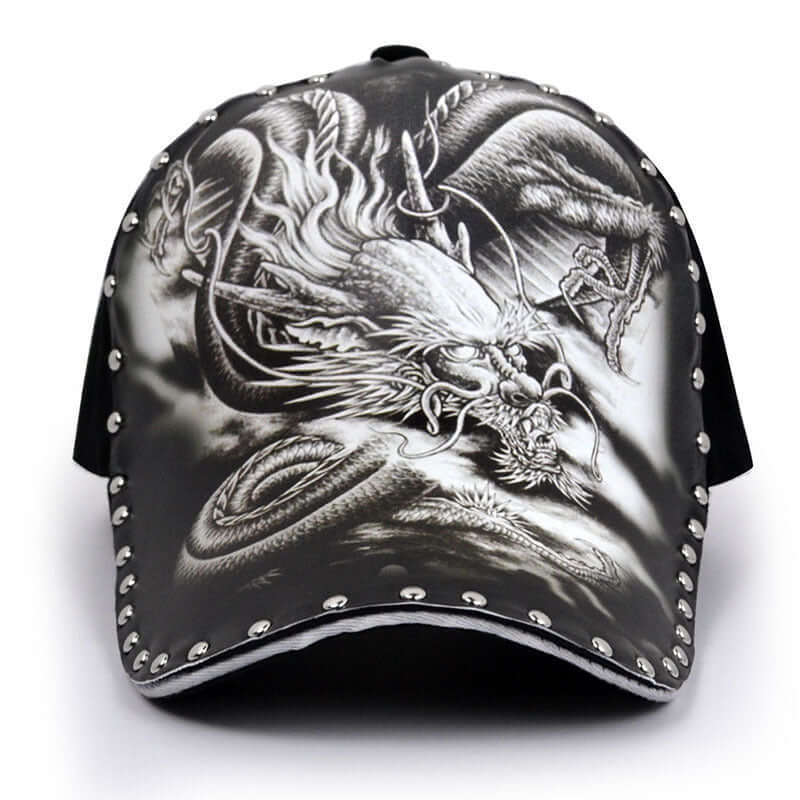 Stylish baseball cap with intricate dragon design and studded embellishments, perfect for adding flair to casual outfits.
