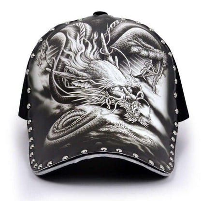 Stylish baseball cap with intricate dragon design and studded embellishments, perfect for adding flair to casual outfits.