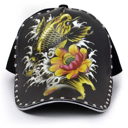 Stylish baseball cap with koi fish and floral design, perfect trendy accessory for casual outfits, available in multiple colors.