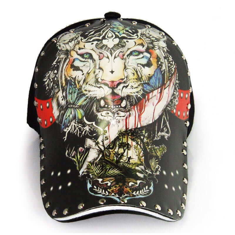 Stylish baseball cap with vibrant tiger art and studded details, perfect for trendy casual outfits.