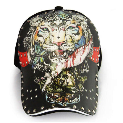 Stylish baseball cap with vibrant tiger art and studded details, perfect for trendy casual outfits.