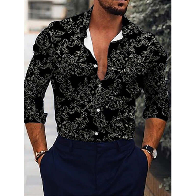 Stylish black printed long-sleeved shirt for men, ideal for casual or elegant occasions, showcasing comfort and fashion.