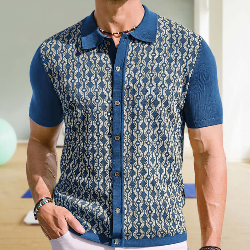 Stylish blue Jacquard Knit Shirt for modern men, ideal for a sophisticated summer look, combining fashion with comfort.