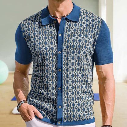 Stylish blue Jacquard Knit Shirt for modern men, ideal for a sophisticated summer look, combining fashion with comfort.