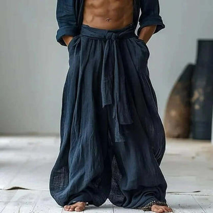 Stylish blue navy linen stretch trousers showcasing comfort and versatility for modern living. Perfect for casual outings or gatherings.