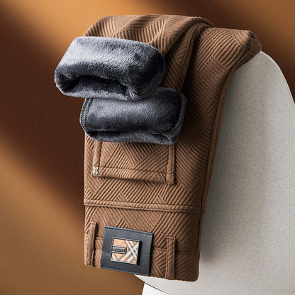 Stylish brown jacquard trousers folded with plush lining, showcasing trendy comfort and versatile style for everyday wear.
