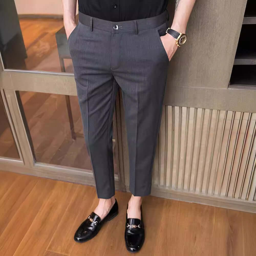 Stylish gray business casual bottoms showcasing comfort and fit, ideal for professional settings.