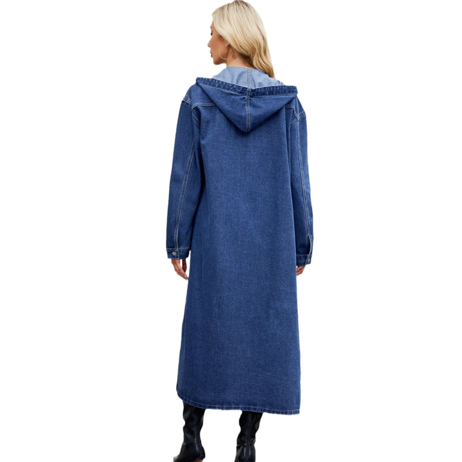 Stylish long denim jacket in classic blue, featuring a hood and loose fit for comfort and chic style, viewed from the back.