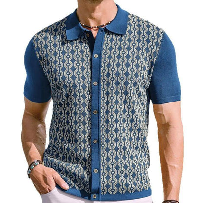 Stylish men's Jacquard Knit Shirt in blue with intricate pattern, perfect for elegant summer wear.