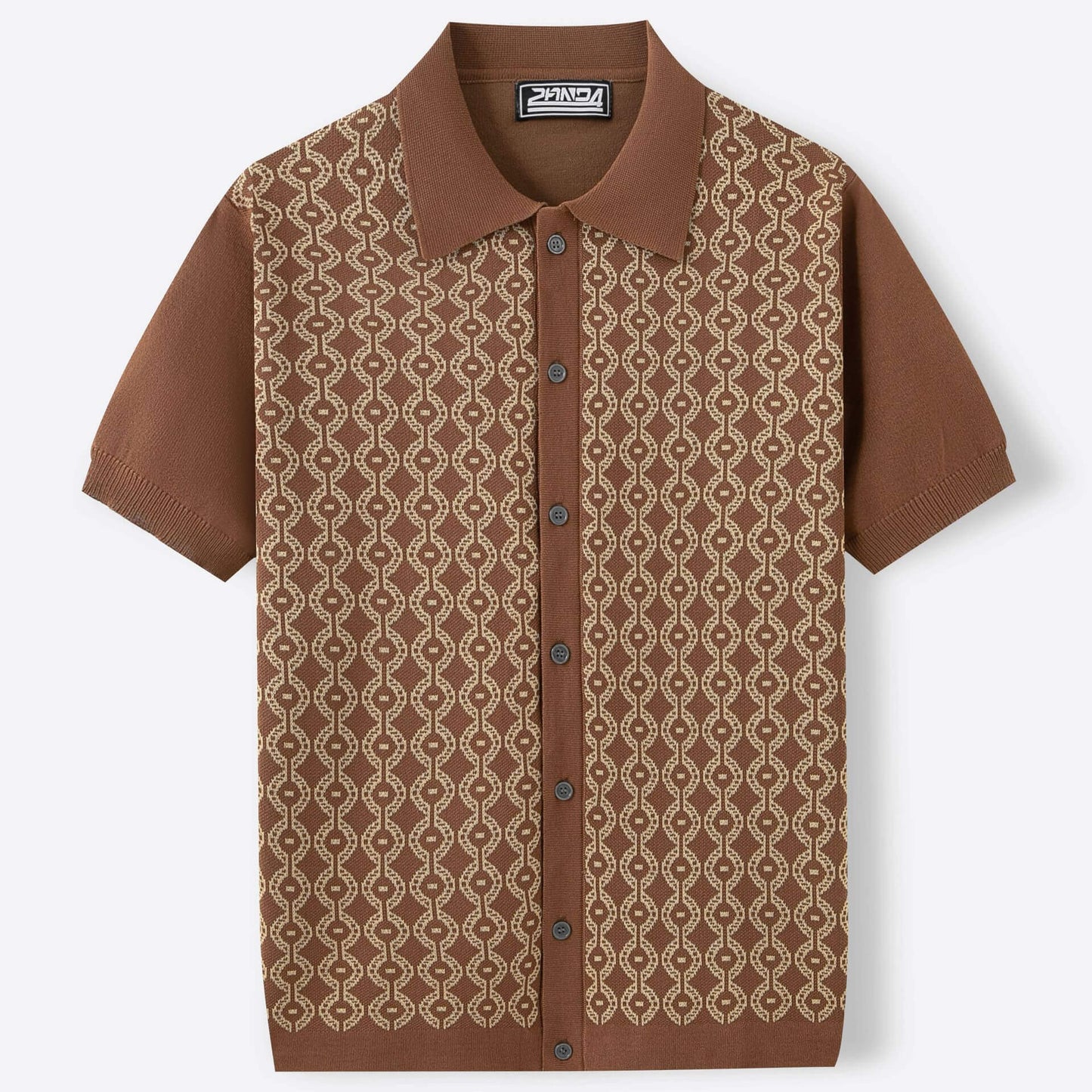 Stylish men's Jacquard Knit Shirt in brown with intricate pattern, perfect for blending comfort and sophistication in summer fashion.
