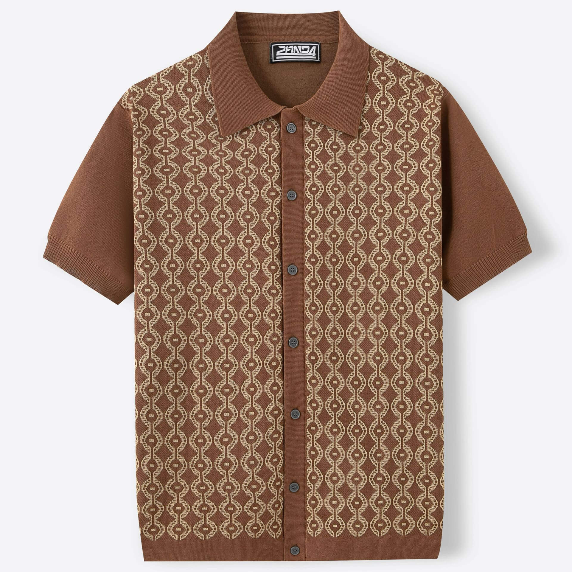 Stylish men's Jacquard Knit Shirt in brown with intricate pattern, perfect for blending comfort and sophistication in summer fashion.