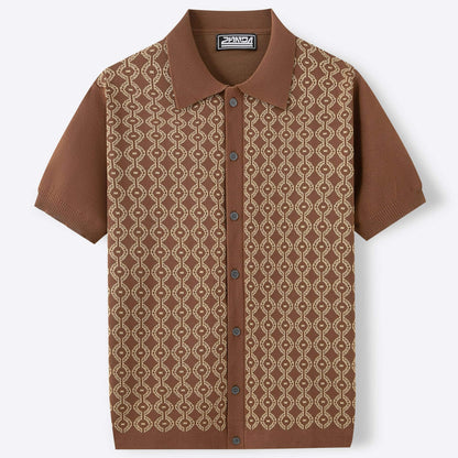 Stylish men's Jacquard Knit Shirt in brown with intricate pattern, perfect for blending comfort and sophistication in summer fashion.