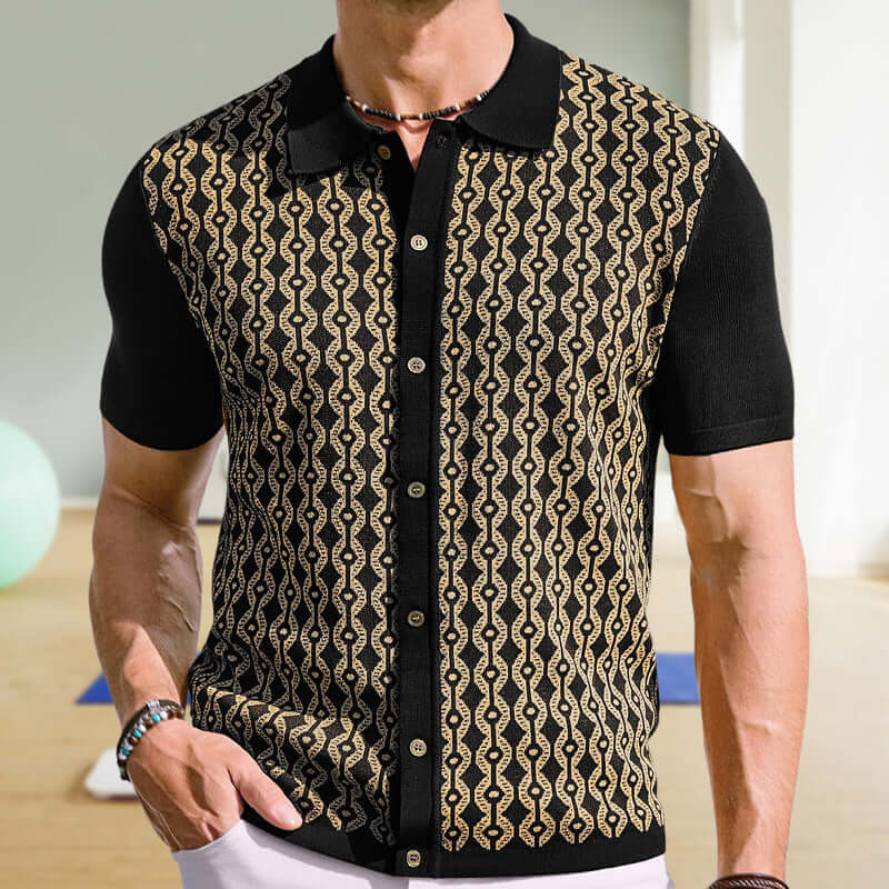 Stylish men's Jacquard Knit Shirt with intricate pattern, short sleeves, and button-down design, perfect for sophisticated summer wear.