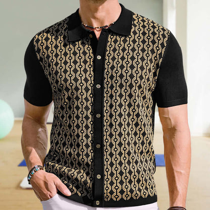 Stylish men's Jacquard Knit Shirt with intricate pattern, short sleeves, and button-down design, perfect for sophisticated summer wear.