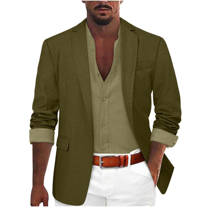 Stylish men's leisure jacket in olive green, ideal for casual or semiformal events, pairing comfort with sophistication.