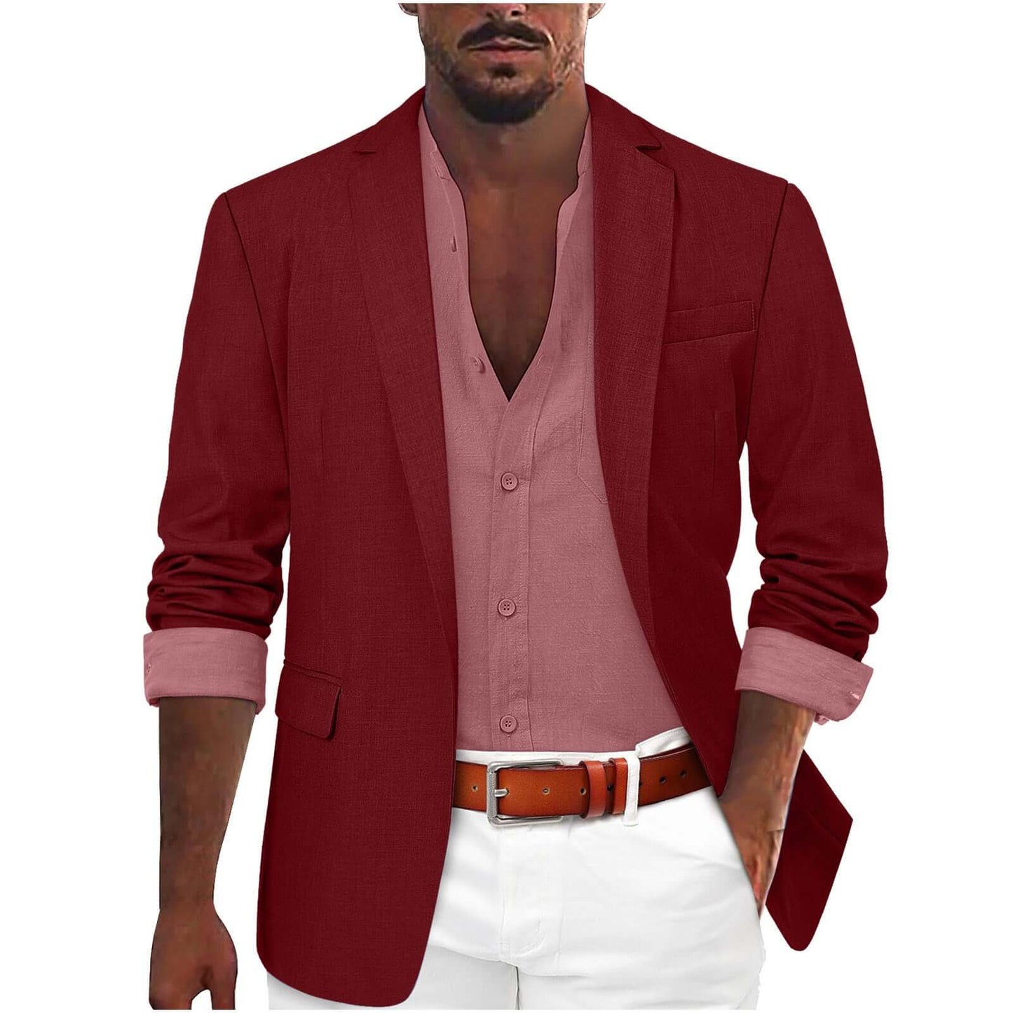 Stylish men's red leisure jacket, perfect for casual or semiformal events, blending comfort and sophistication. Enhance your style effortlessly.