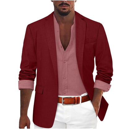 Stylish men's red leisure jacket, perfect for casual or semiformal events, blending comfort and sophistication. Enhance your style effortlessly.