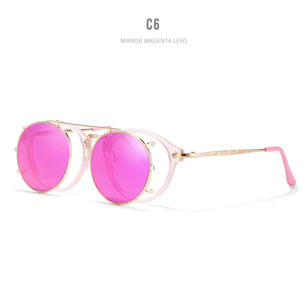 Stylish metallic sunglasses with mirror magenta lenses, perfect for fashion-forward women. Lightweight polycarbonate frame for durability.