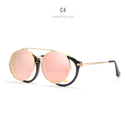 Stylish metallic sunglasses with mirror pink lenses, ideal for a chic look. Lightweight, durable design for women on the go.