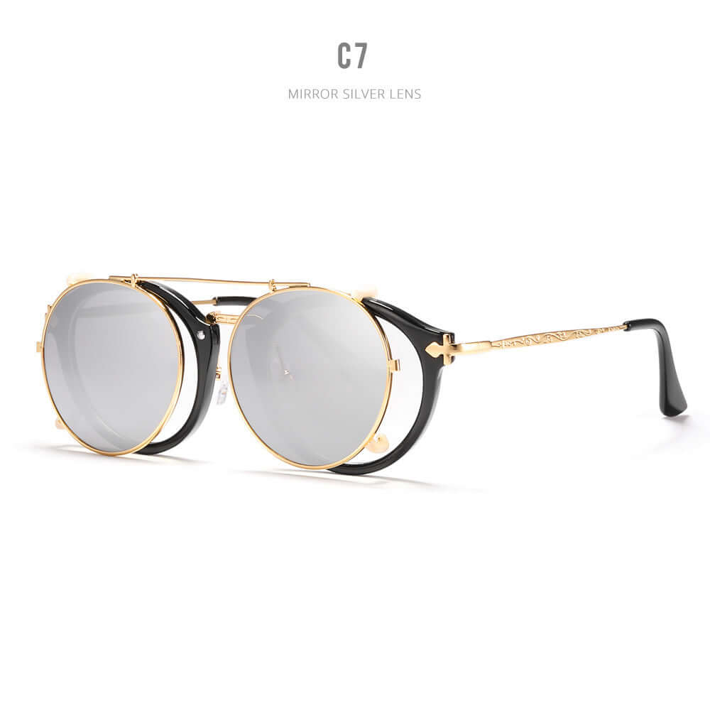 Stylish metallic sunglasses with mirror silver lenses and gold trim, perfect for versatile fashion and functionality.