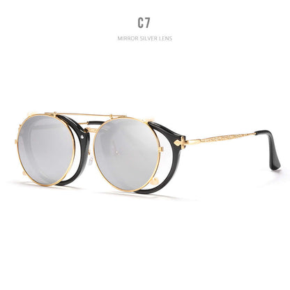 Stylish metallic sunglasses with mirror silver lenses and gold trim, perfect for versatile fashion and functionality.