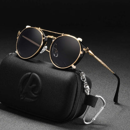 Stylish metallic sunglasses with round frames, featuring polarized lenses and a sleek carrying case, ideal for chic and functional wear.