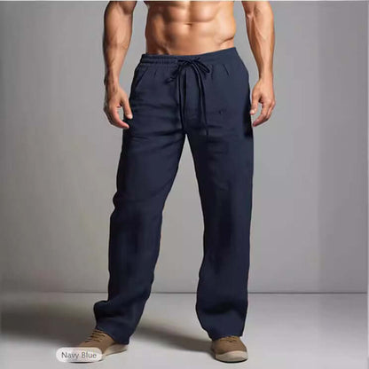 Stylish navy blue linen trousers for men - perfect for comfort and casual outings, blending cotton and linen for summer style.