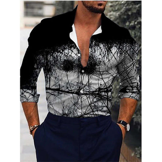 Stylish printed long-sleeved shirt, black and white design, perfect for casual or formal occasions. Ideal for layering and comfort.