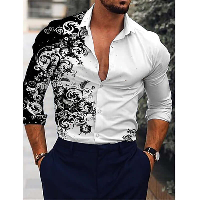 Stylish printed long-sleeved shirt with black floral pattern, ideal for casual or formal occasions, offering comfort and style.
