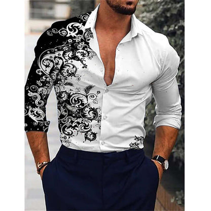 Stylish printed long-sleeved shirt with black floral pattern, ideal for casual or formal occasions, offering comfort and style.