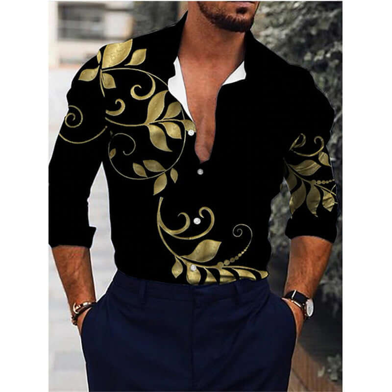 Stylish printed long-sleeved shirt with gold floral design on black fabric, perfect for any occasion. Ideal for casual or formal wear.