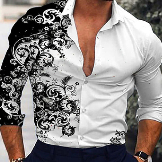 Stylish printed long-sleeved shirt with intricate black and white floral design, perfect for any occasion.