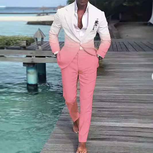 Stylish summer suit featuring a light, elegant design perfect for warm weather occasions at the beach or social events.