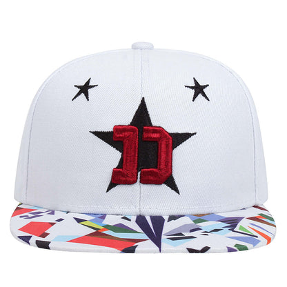 Stylish white flat brim cap with star and colorful geometric patterns, perfect for trendy and functional headwear fashion.