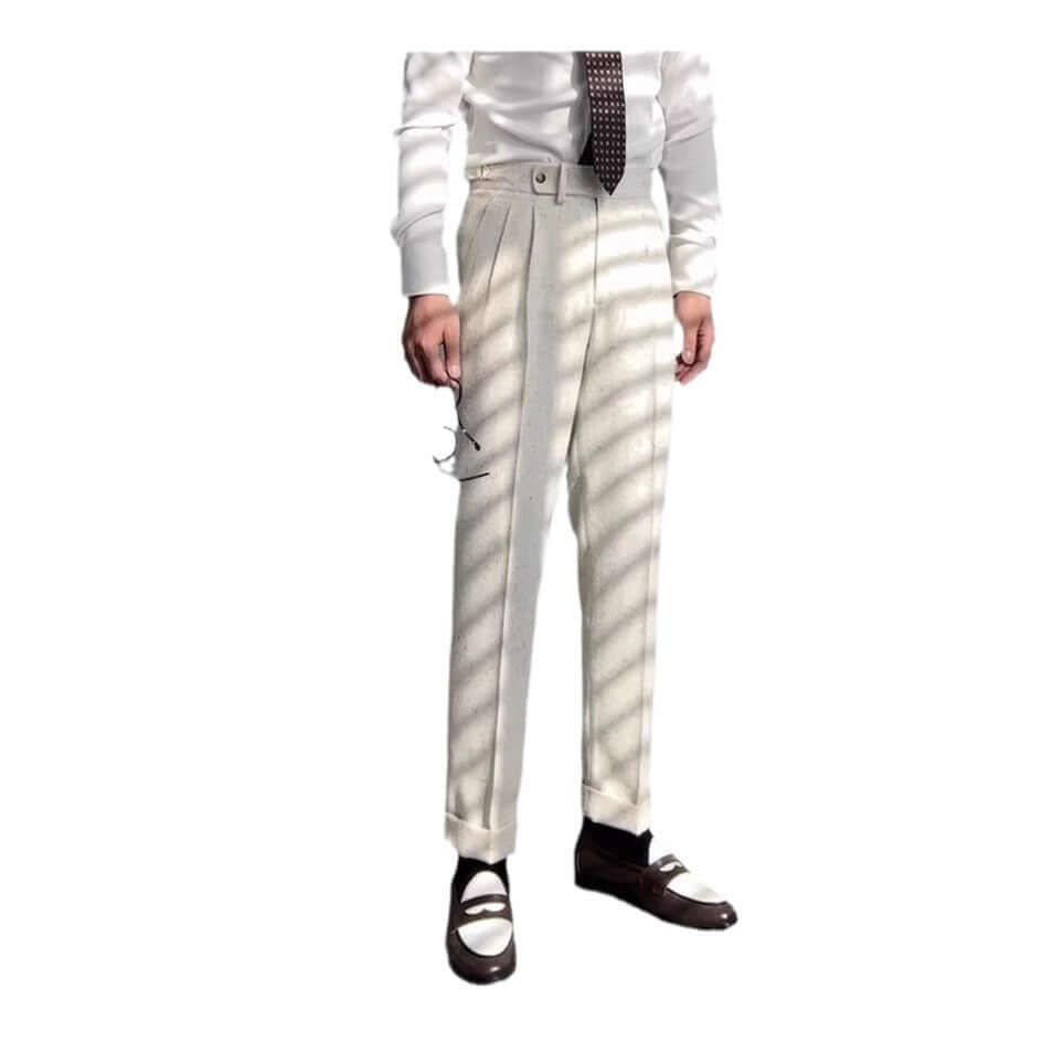 Stylish white straight legged trousers paired with a formal shirt and tie, perfect for casual or formal occasions.