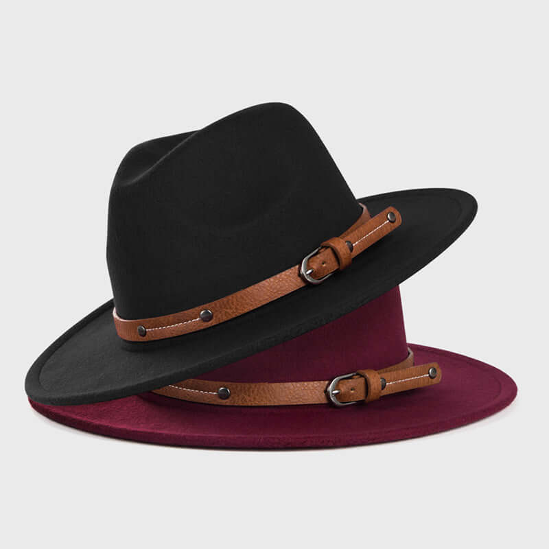 Stylish wide brim hats in black and wine red with leather bands, crafted from luxurious woolen material for durability and elegance.