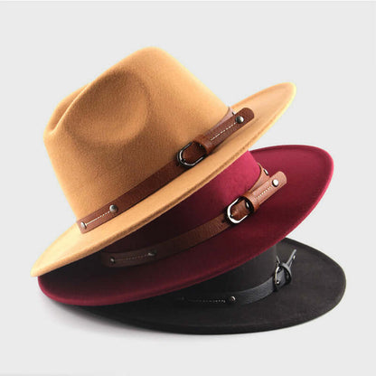 Stylish wide brim hats in camel, wine red, and black with leather band details, made from high-quality woolen material for elegance.
