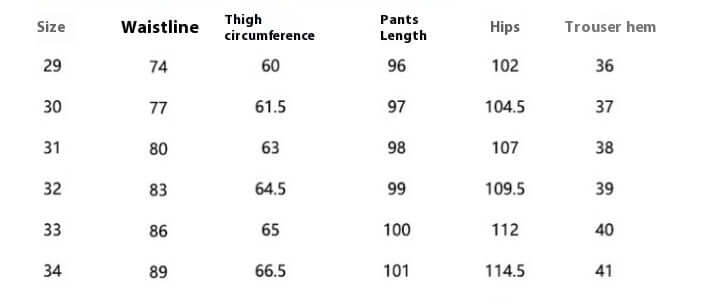 Size chart for suit slacks showing waist, thighs, length, hips, and hem measurements for sizes 29 to 34.