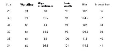 Size chart for suit slacks showing waist, thighs, length, hips, and hem measurements for sizes 29 to 34.