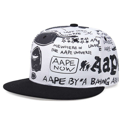 Trendy Ape Style Flat Brim Cap with black and white graphic design, perfect for modern fashion and outdoor adventures.
