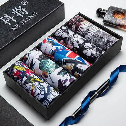 Trendy Men Underwear Pack featuring vibrant patterns in a sleek black gift box, crafted from soft polyester for mid-waist comfort.