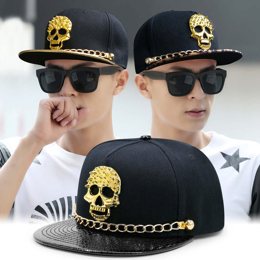 Trendy Skull Baseball Hat with Gold Chain Detail, Perfect for Stylish Outfits and Comfortable Wear