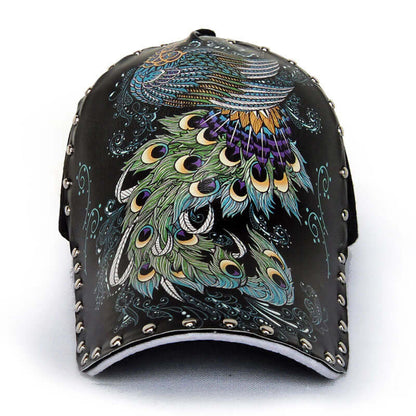 Unique stylish baseball cap with intricate peacock design, vibrant colors, and studded details. Perfect trendy accessory for any outfit.
