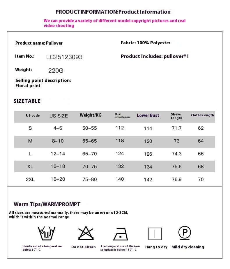 Size chart and product details for floral print pullover, 100% polyester, available in sizes S to 2XL with care instructions.