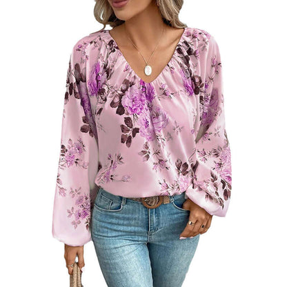 V Neck Chiffon Blouse with floral pattern in pink, featuring long sleeves and elegant flow, perfect for casual or elegant occasions.