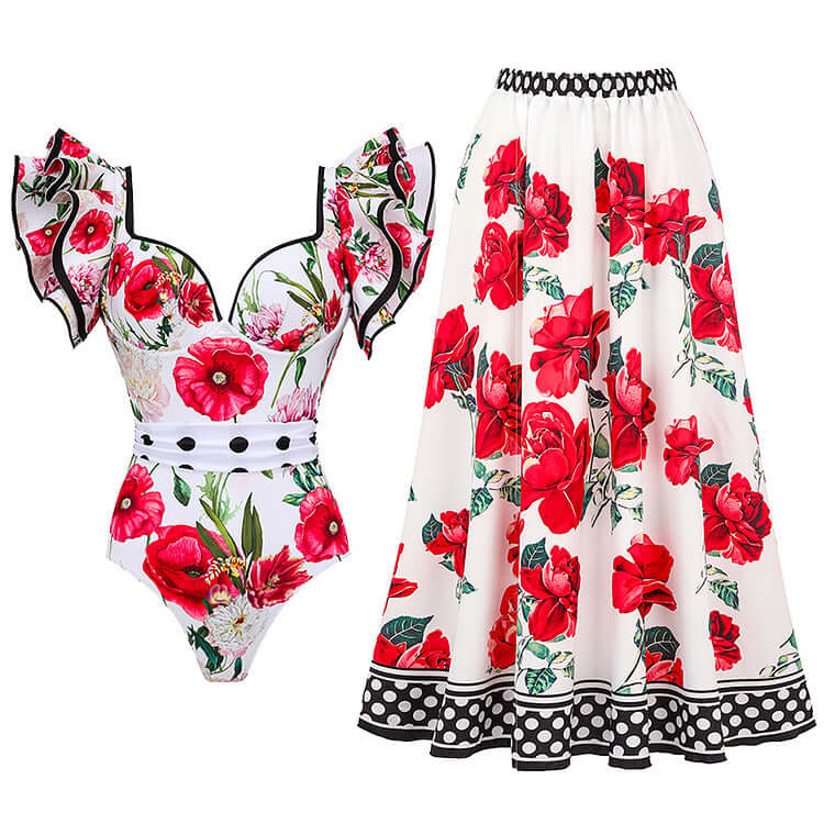 Vibrant red floral skirt with matching bodysuit for a chic look, made from durable Polyester and Spandex. Skirt with Bodysuit.