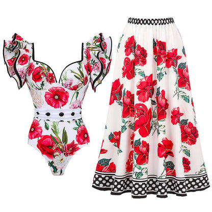 Vibrant red floral skirt with matching bodysuit for a chic look, made from durable Polyester and Spandex. Skirt with Bodysuit.