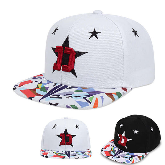 White and black flat brim caps with geometric patterns and star design, ideal for stylish streetwear fashion.